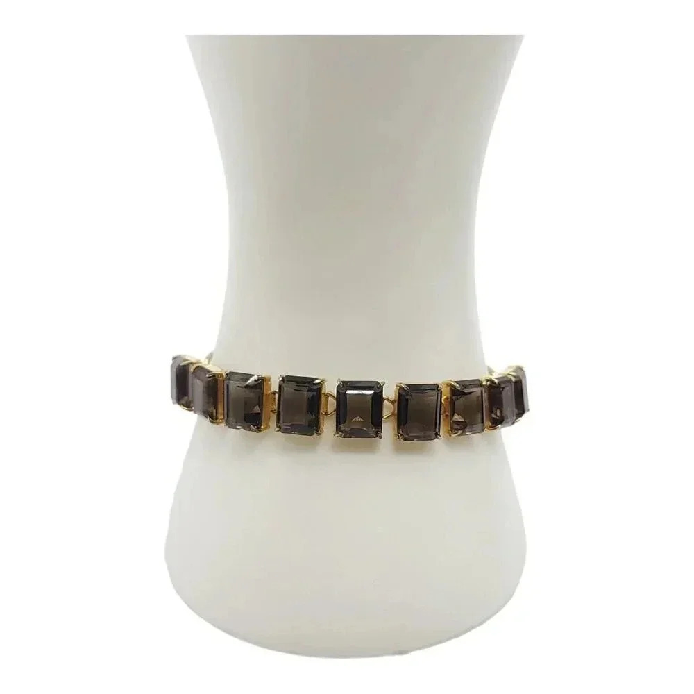 Smokey Quartz Large Emerald Cut Art Deco Styled Gold Tone Bracelet Vintage
